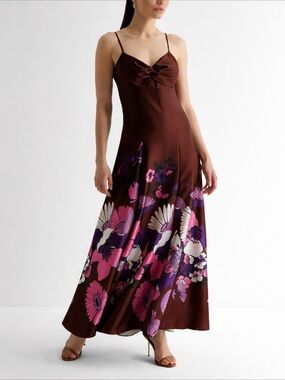 Express Satin Floral Twist Front Maxi Dress Brown Pink Size L NWT